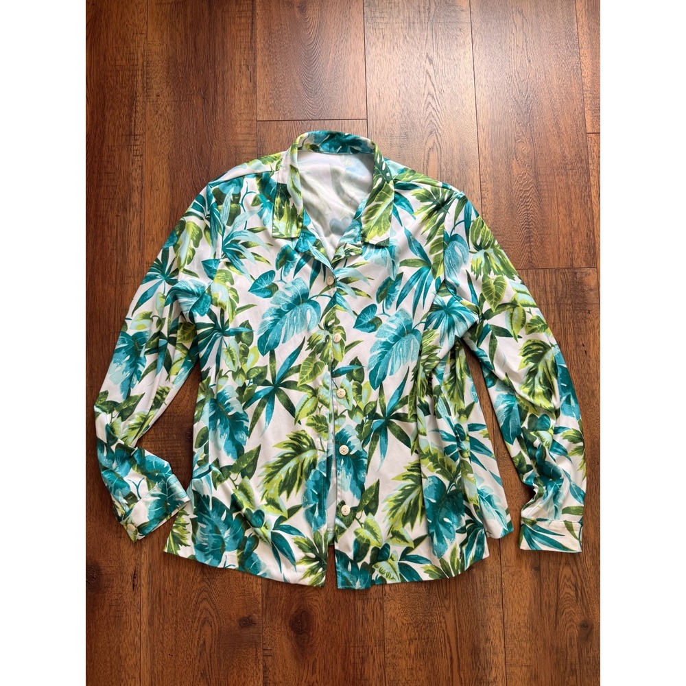 Women's M/L Vintage Tropical Leaf Print Button Down Resort Wear Blouse